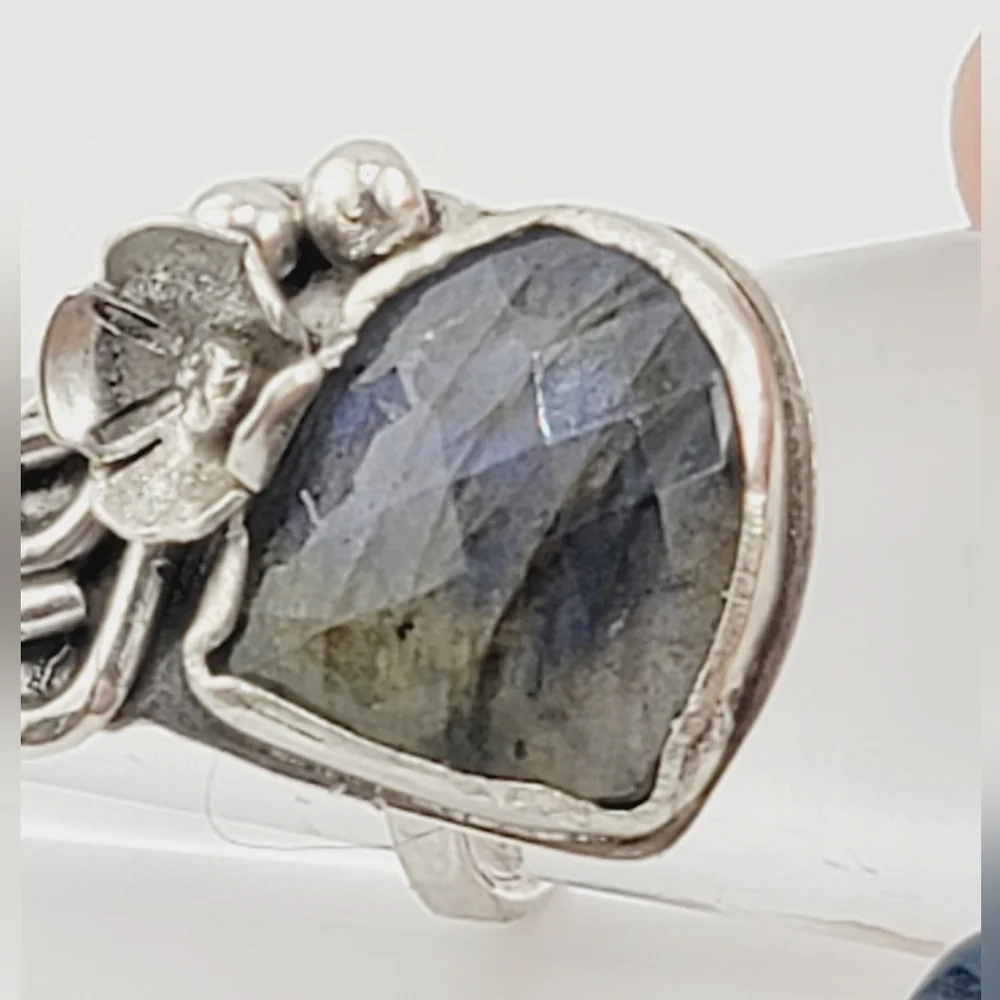 LABRADORITE FLORAL RING HANDMADE IN STERLING SILVER METAL SIZE 8.5